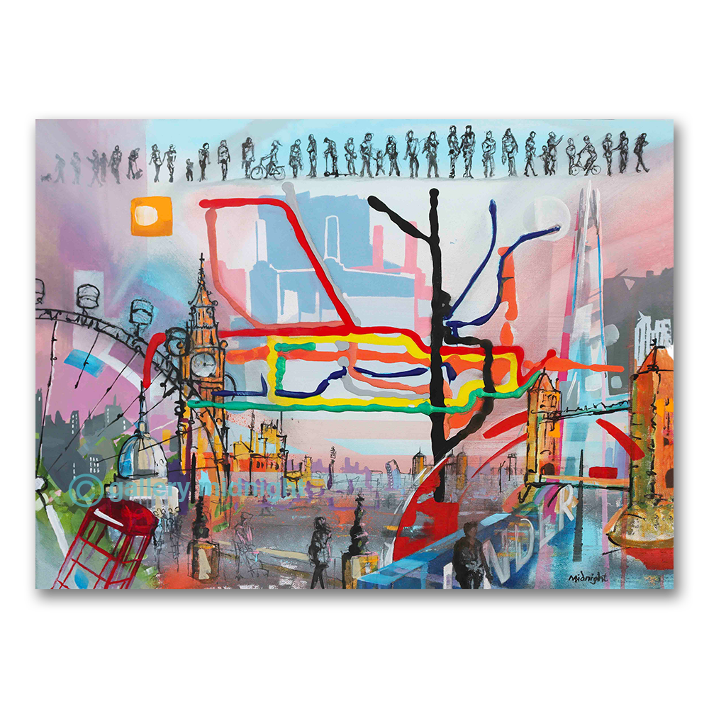 Bright tube map lines over Big Ben, St Paul's, the London Eye, the Shard and Tower Bridge, sketched Londoners walking above