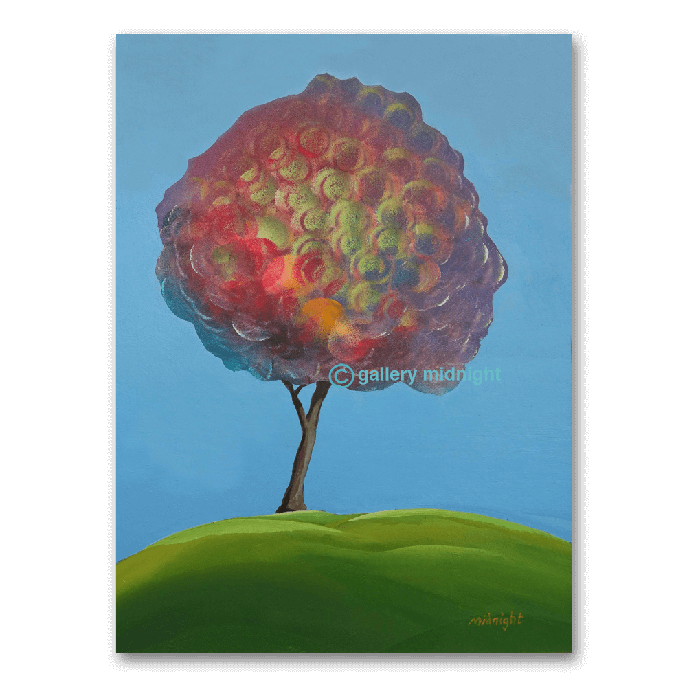 A whimsical tree with bubble-like raspberry-coloured foliage on a green hill, from Raspberry Tree, a painting by Johny Midnight