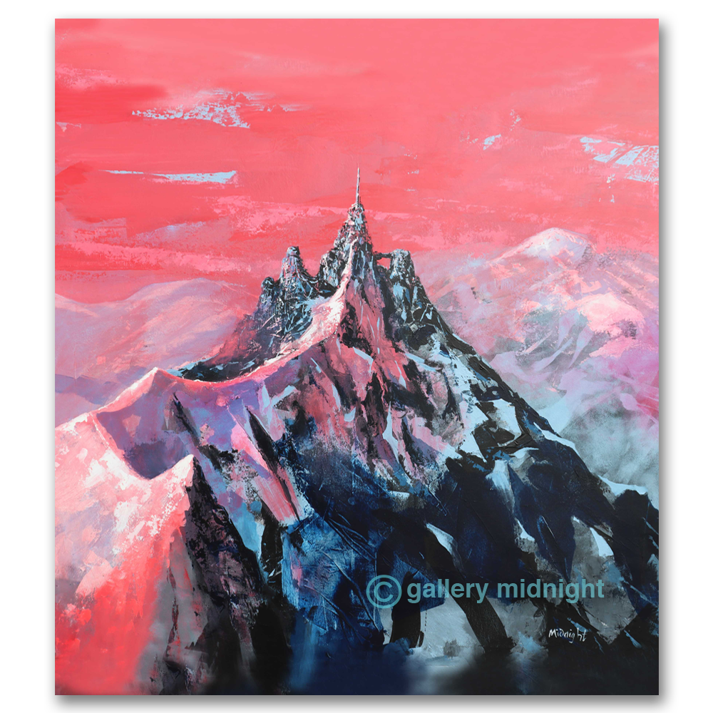 Painting of a mountain peak with a red and pink sky, featuring the artist's signature 'c' gallery midnight'.