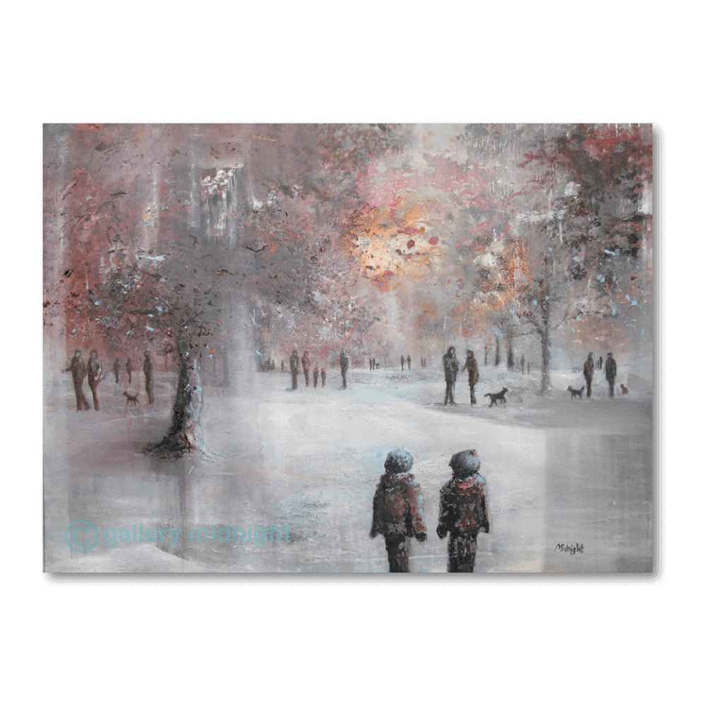Autumn frost common scene with silhouetted children and dog walkers in misty sunrise light, London landscape art print