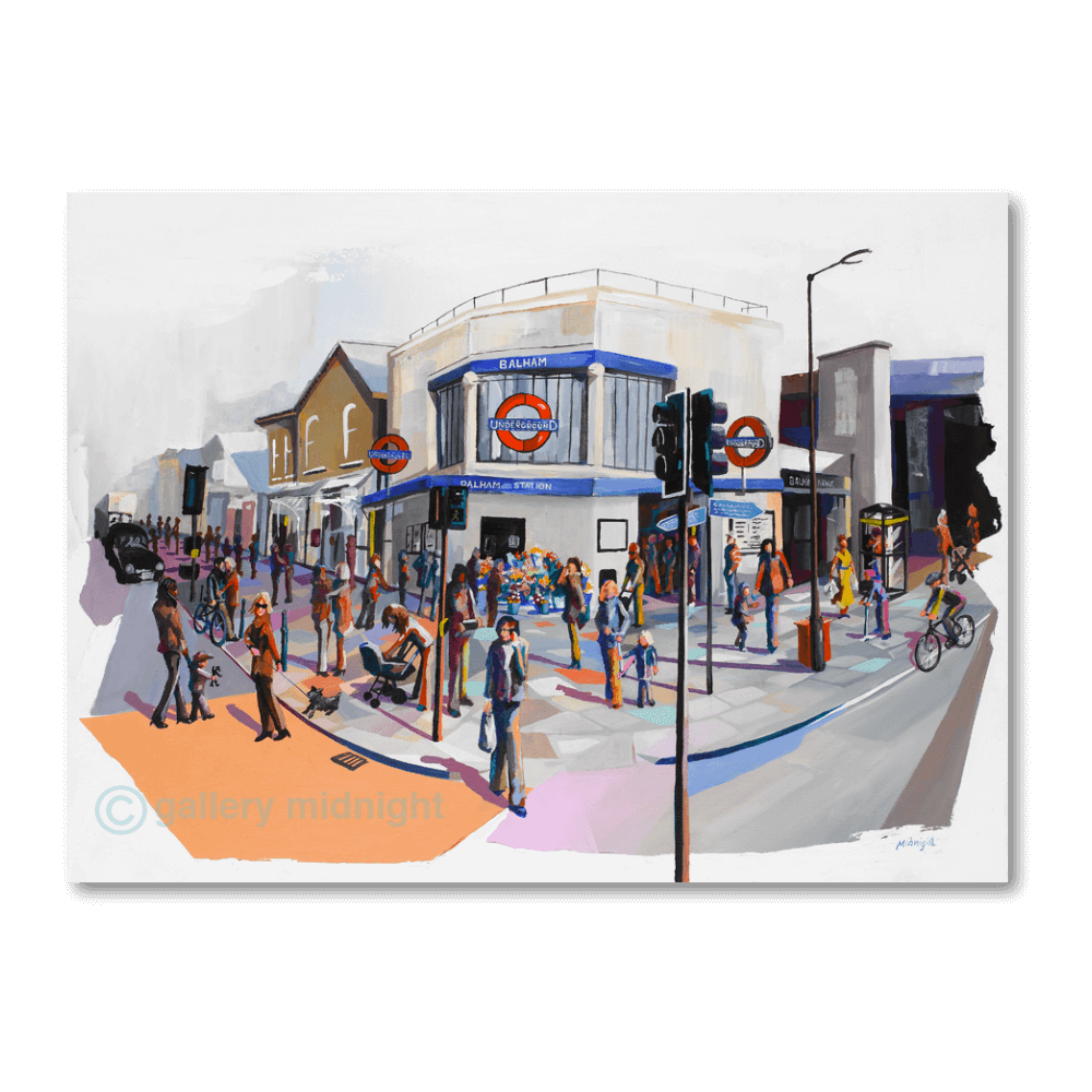Balham Underground Station SW12 with commuters, cyclists and colourful pavement, London tube art print
