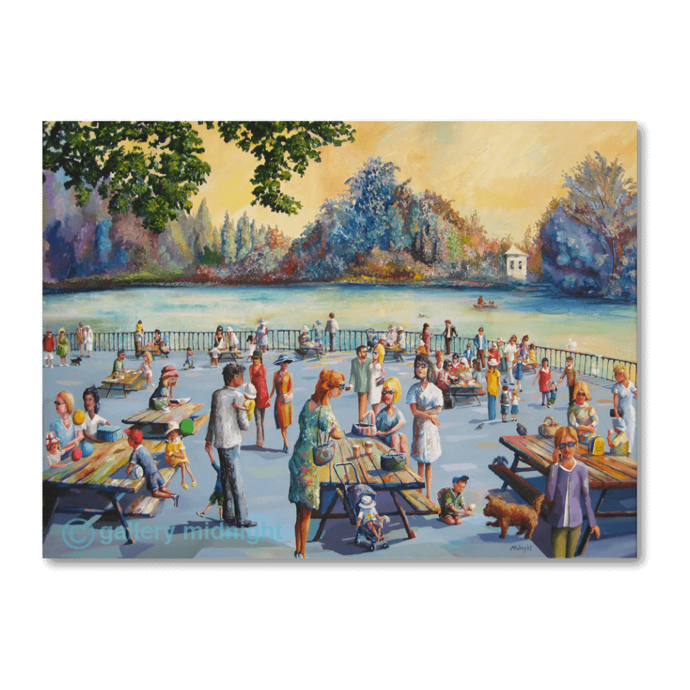 Battersea Park lakeside scene with families and picnic benches at sunset, London art print