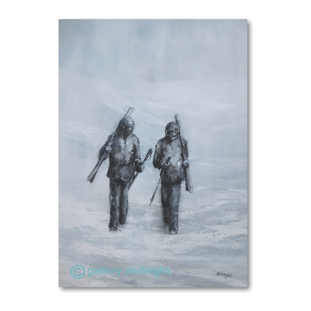 Two skiers carrying their skis over their shoulders, walking out of a misty mountain landscape in soft greys and whites, from Johny Midnight’s painting Beer and Chicken Wings