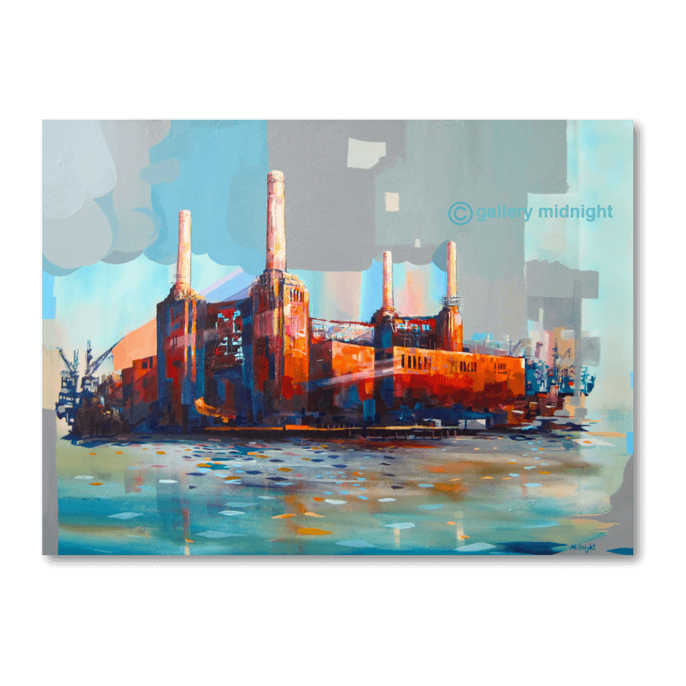 Big Power I limited edition print of Battersea Power Station by Johny Midnight, featuring vibrant orange brickwork, four chimneys and abstract River Thames reflections