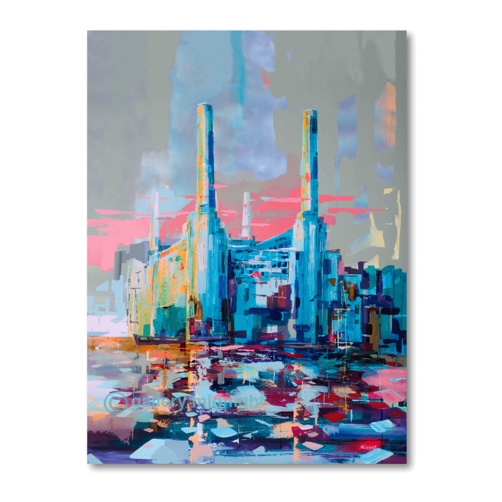Big Power 4 limited edition print by Johny Midnight showing Battersea Power Station with colourful abstract reflections on the River Thames