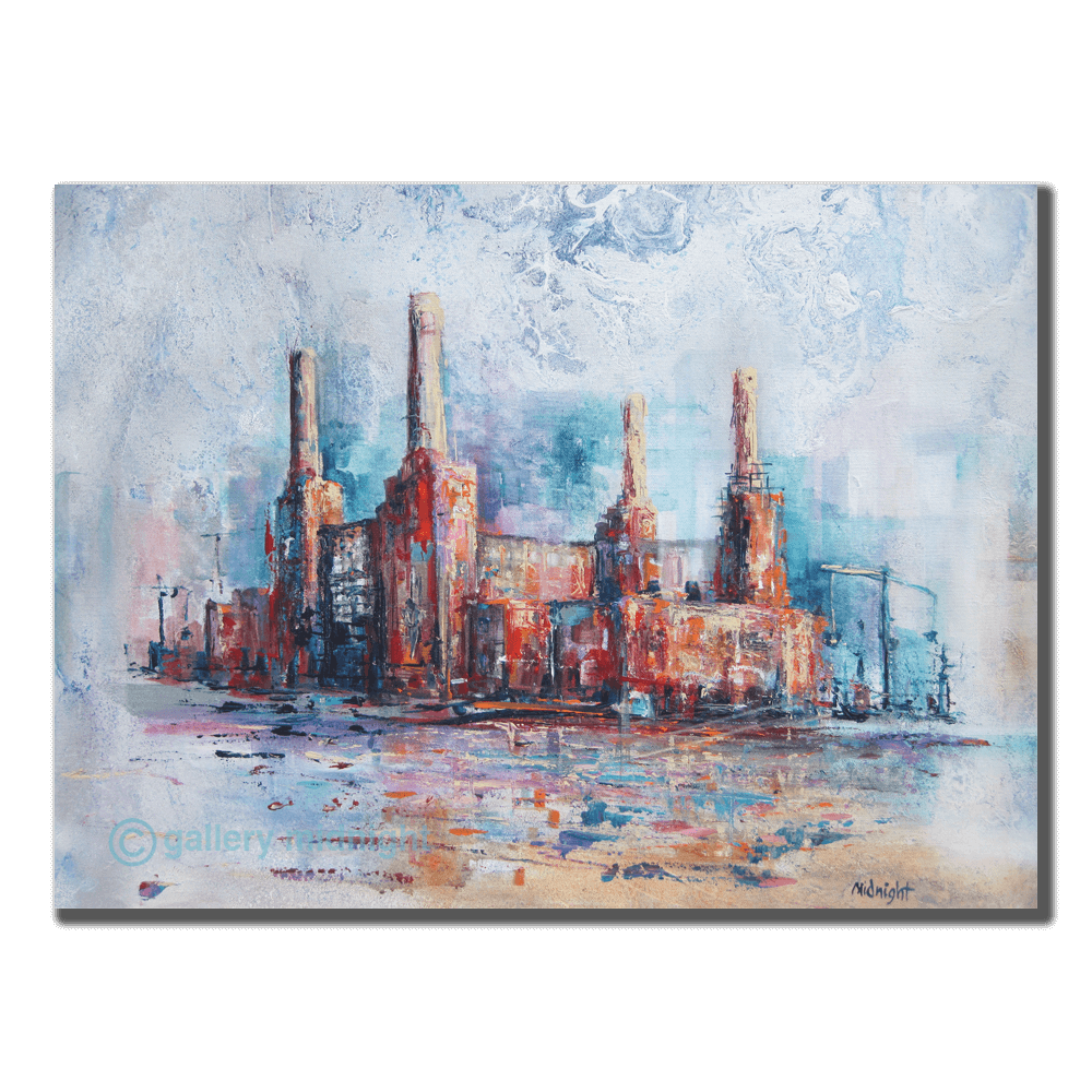Big Power 7 limited edition print by Johny Midnight showing an abstract impressionist Battersea Power Station in red, blue and turquoise tones