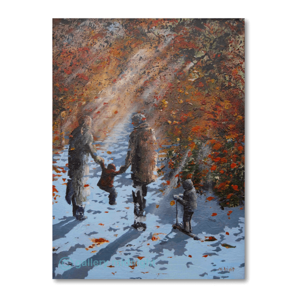 Autumn Common family scene with parents swinging child and scooter rider in golden sunlight, London art print