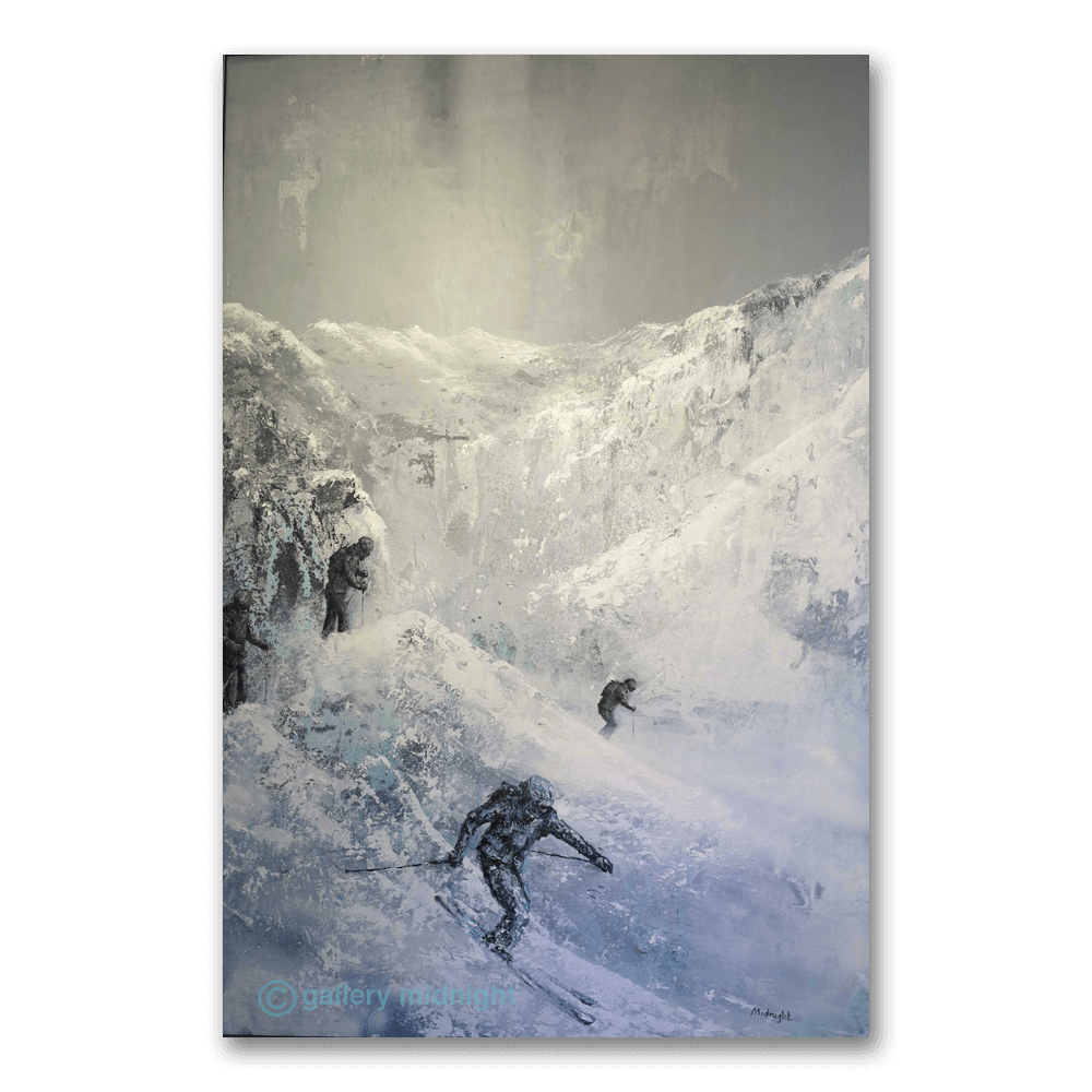 Three skiers descending a steep, icy back-country mountain in stormy grey conditions, from Johny Midnight’s painting Holy Crap