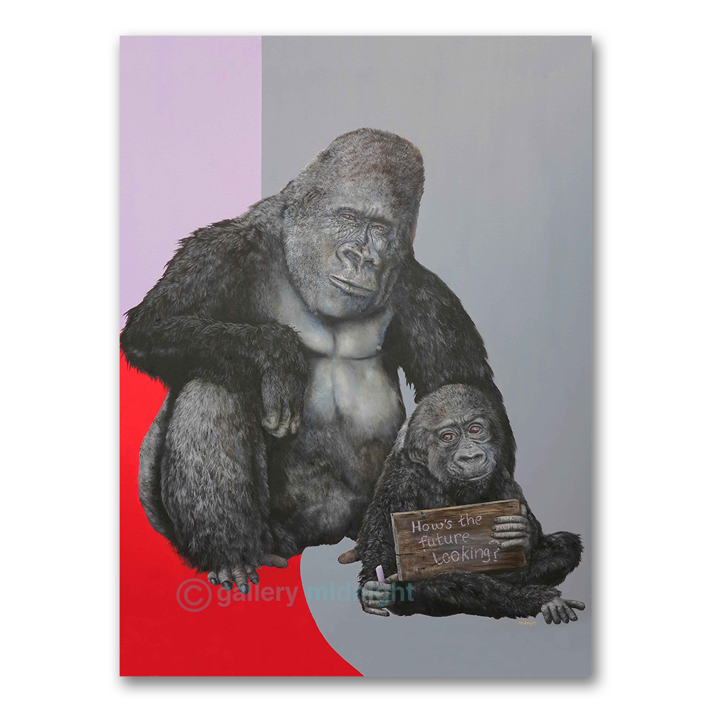 Silverback gorilla and baby with soulful eyes, the young one holding a 'how's the future looking?' sign, by Johny Midnight.