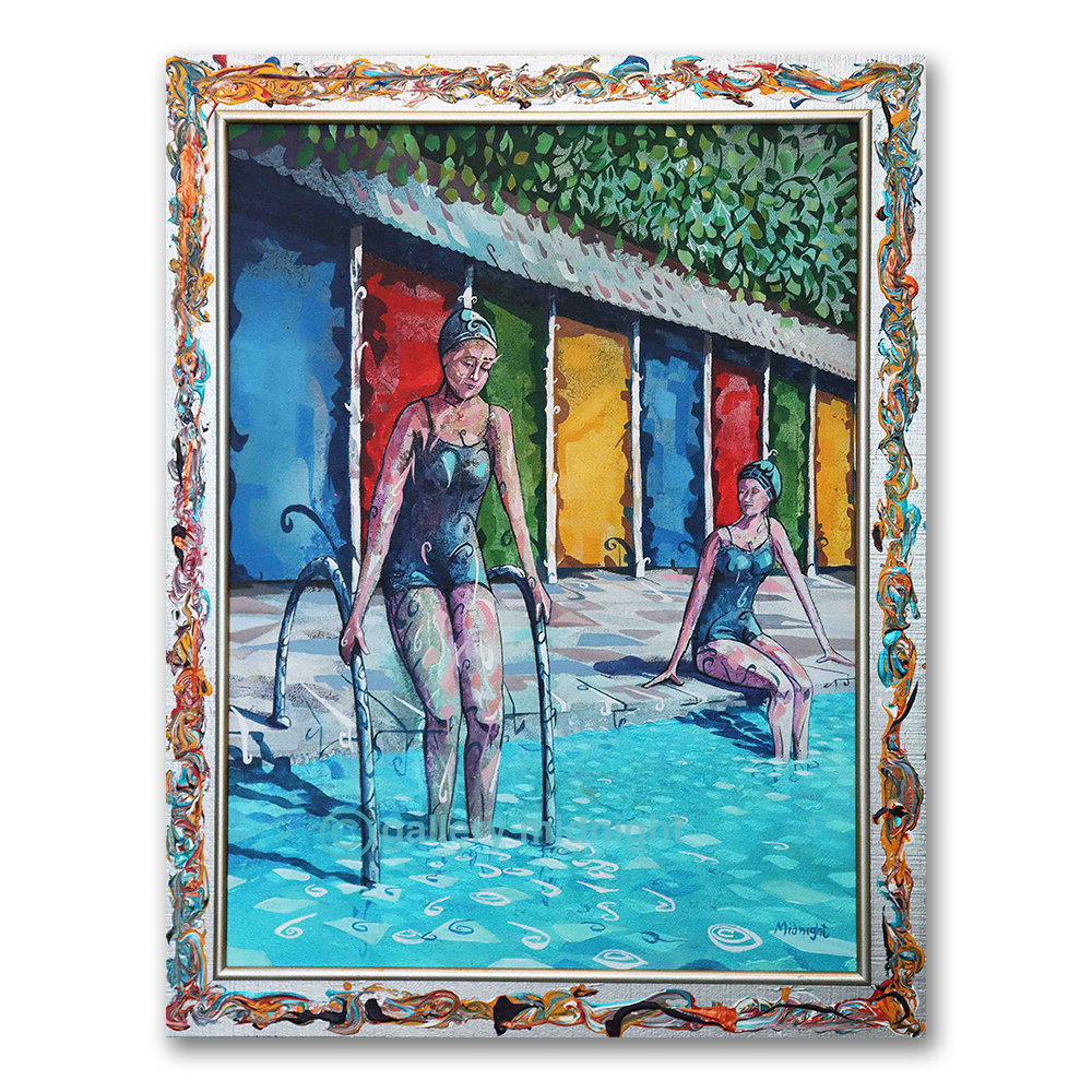 A framed original painting depicting two women in swimsuits at a Tooting Bec Lido, with a highly decorative ornate frame. The painting features vibrant colors including blue, green, yellow, and red, and is presented on a clean white background.