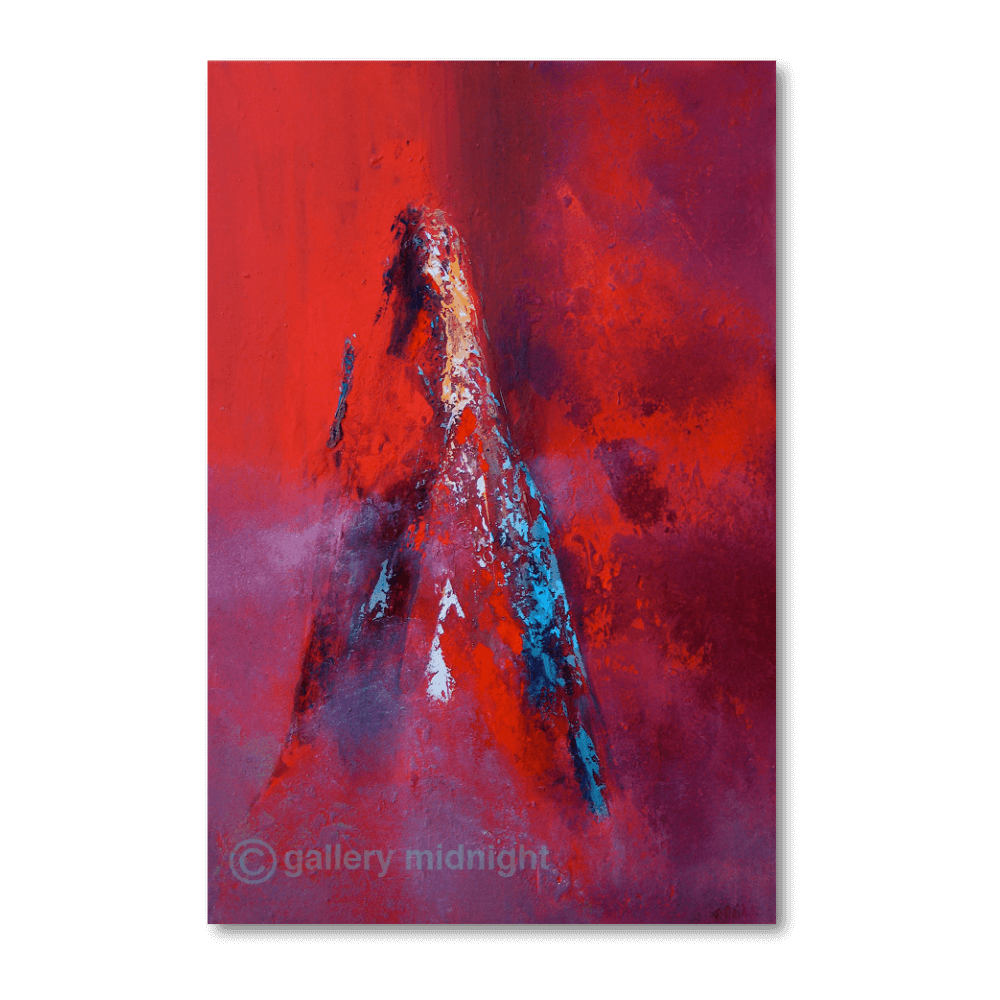 Abstract red mountain painting of Les Drus in the Chamonix Valley by Johny Midnight, featuring bold crimson tones with gold and blue highlights inspired by exposed granite.