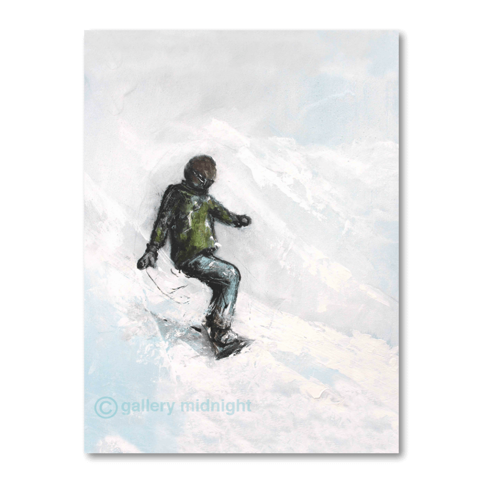 A lone snowboarder hesitating at the top of a steep snowy descent, painted with heavy white texture and subtle blue and turquoise tones against a misty alpine backdrop.