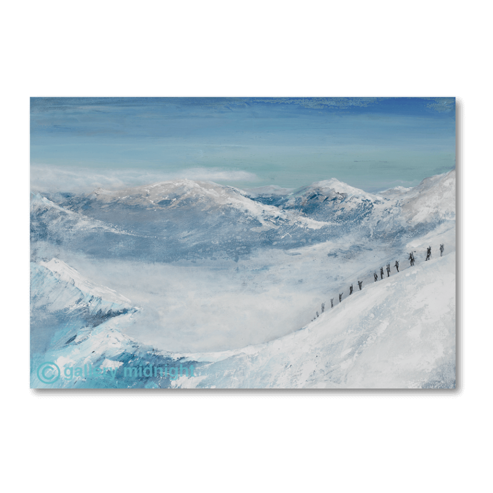 A line of silhouetted skiers traversing a high alpine ridge above cloud-filled valleys, with snow-covered mountains and a turquoise-blue sky, painted by Johny Midnight.