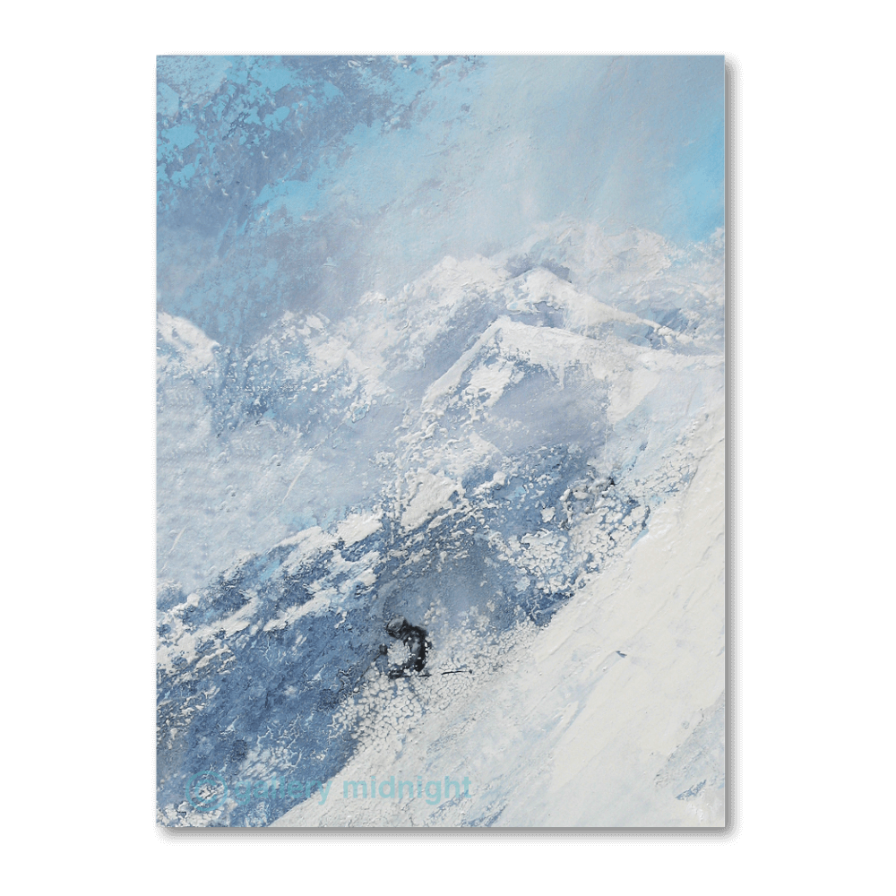 Abstract ski painting by Johny Midnight showing a lone skier descending a steep powder slope, surrounded by blue and white snow textures.