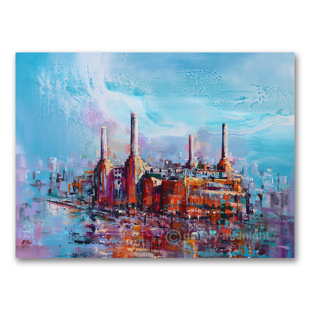 Power 55 - Abstract painting of Battersea Power Station with bright orange brickwork and turquoise sky