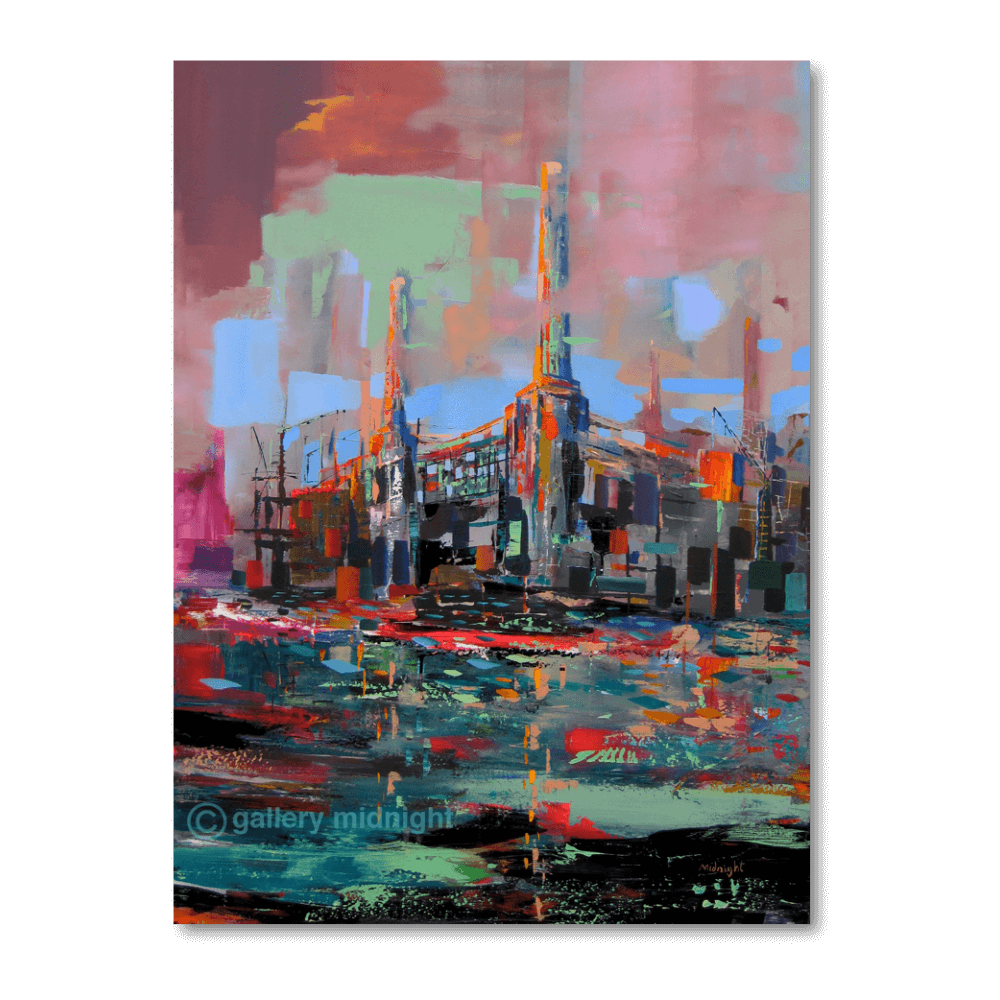 Big Power 3 limited edition print by Johny Midnight showing Battersea Power Station in abstract colour with pink, green and orange tones reflecting on the River Thames