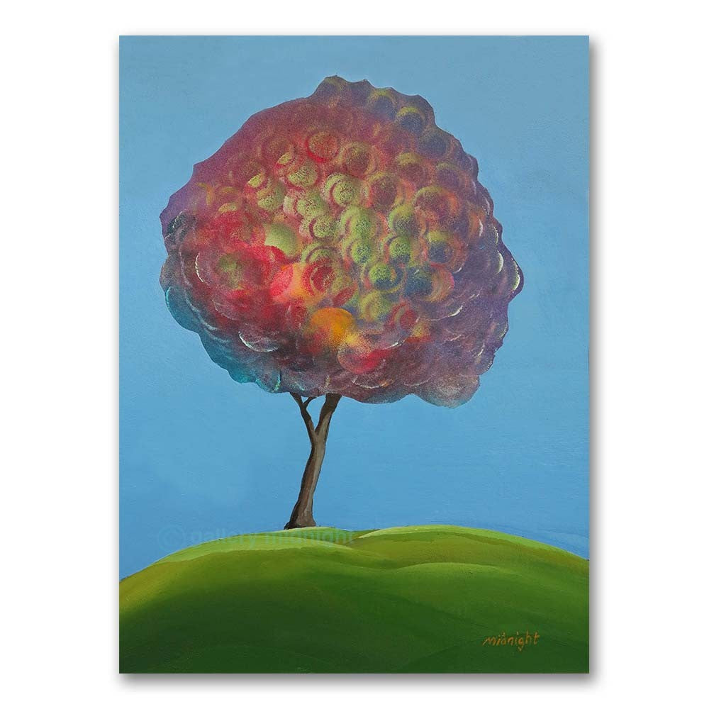 Loose abstract tree of rolled raspberry-red and pink shapes on a pale ground, made with a radiator roller by Johny Midnight.