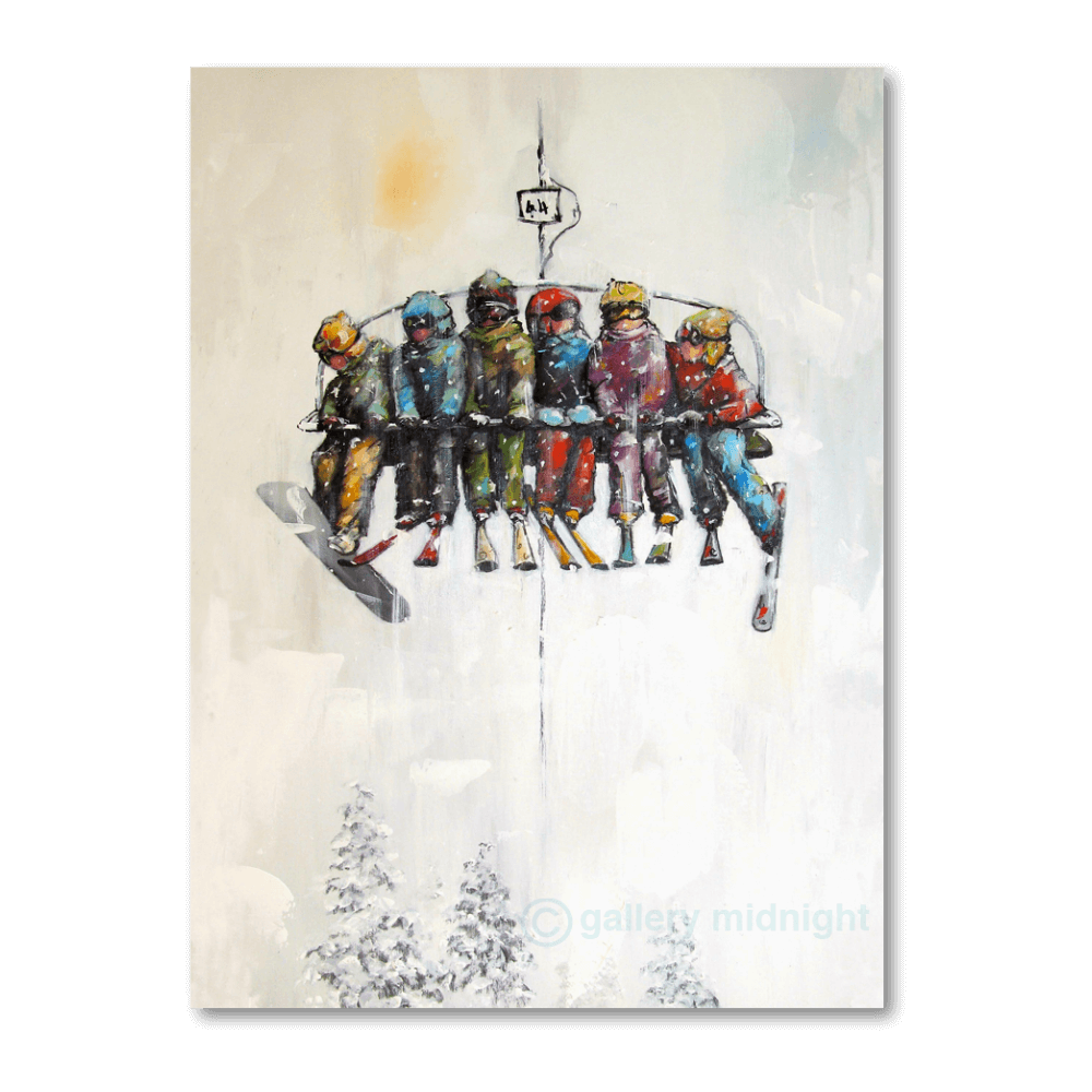 Six people sitting on a chairlift, five skiers and one snowboarder, suspended above snow-covered trees on a misty mountain day.