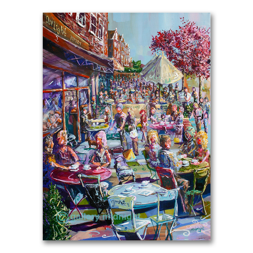 Ritherdon Road café scene with Dee Light Bakery, blossom trees and people drinking coffee, London street art print