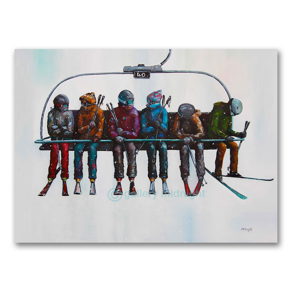 Six skiers sitting on a chairlift, talking and dangling their skis in mid-air against a minimalist pale background.