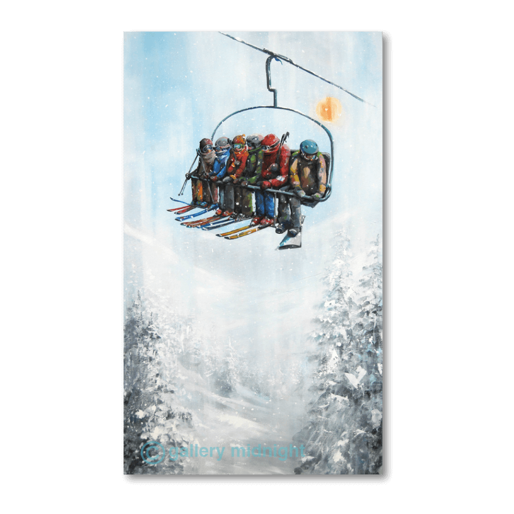 Painting of skiers on a chairlift with a snowboarder at the end, set in a snowy alpine scene with falling snow and abstract winter background by Johny Midnight.