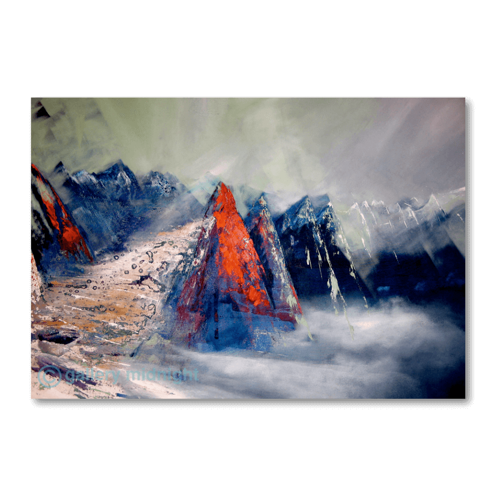 Abstract painting of the Mer de Glace glacier in Chamonix by Johny Midnight, with a green and purple sky, deep blue mountains, and vivid orange rock faces above moving ice.