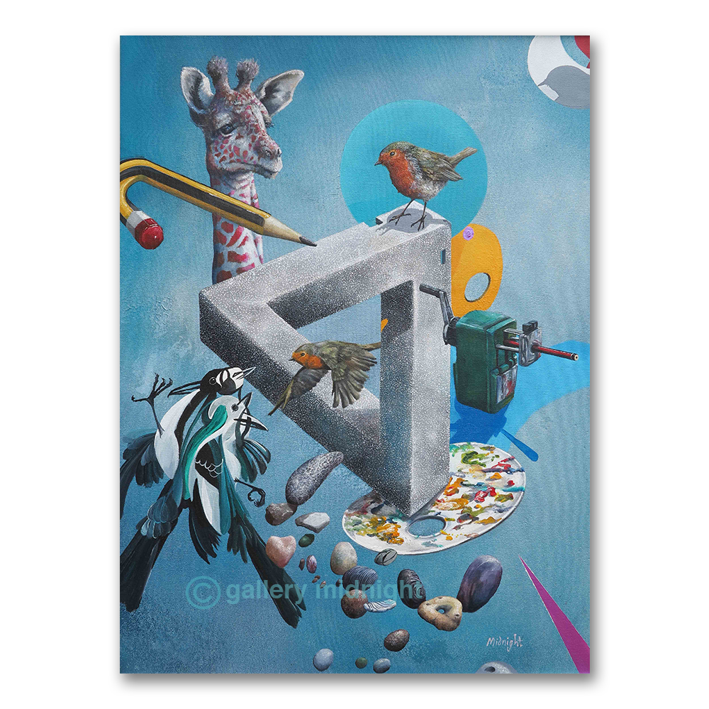 Abstract artwork with a giraffe, birds, and various objects on a blue background