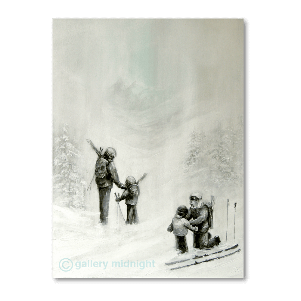 Family on a snowy ski slope with parents helping children get ready, surrounded by misty winter trees.