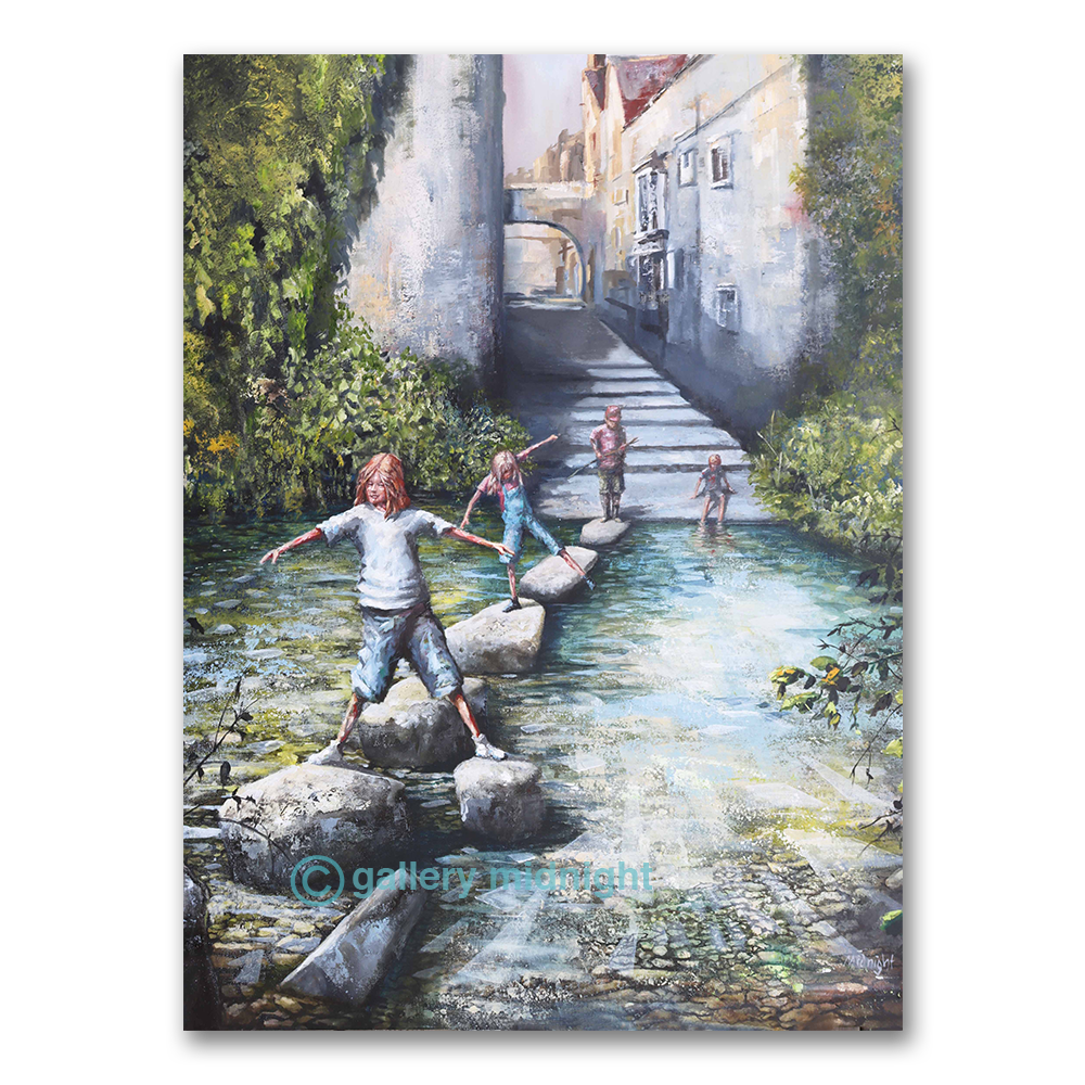 Children crossing over stepping stones of river in the village of Bruton
