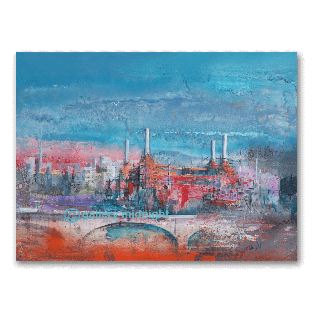 Sunset Power limited edition print by Johny Midnight showing Battersea Power Station and Battersea Bridge at sunset with magenta skies, blue shadows, and abstract London skyline.