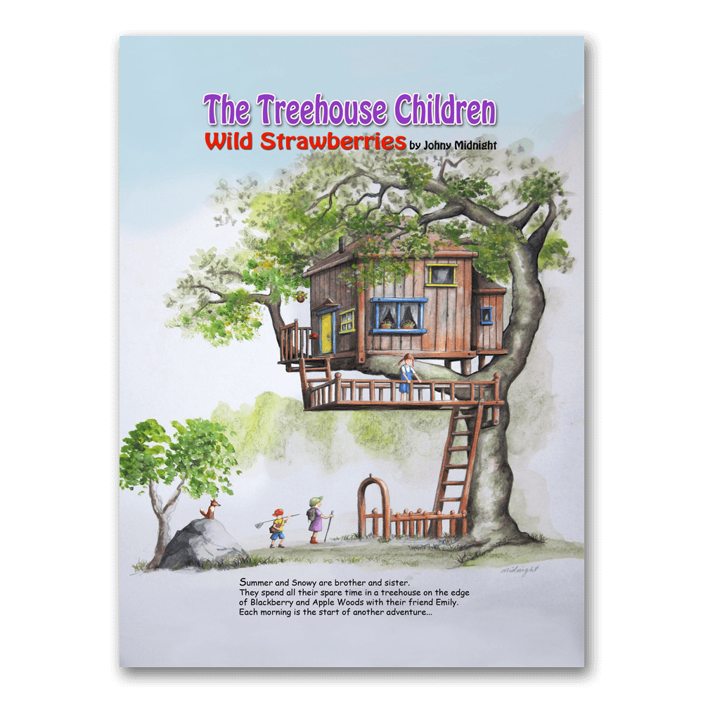 Treehouse in an oak tree with children below, cover art for The Treehouse Children: Wild Strawberries by Johny Midnight.