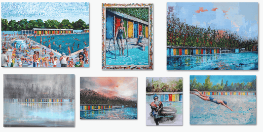 Colllage of Tooting Bec Lido paintings by Johny Midnight