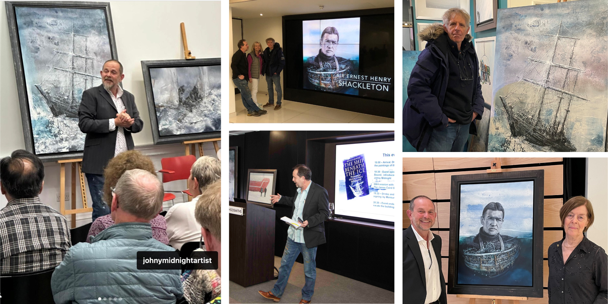 Collage of Johny Midnight showing his Shackleton Endurance ship paintings at gallery talks, with guests and a portrait of Shackleton.