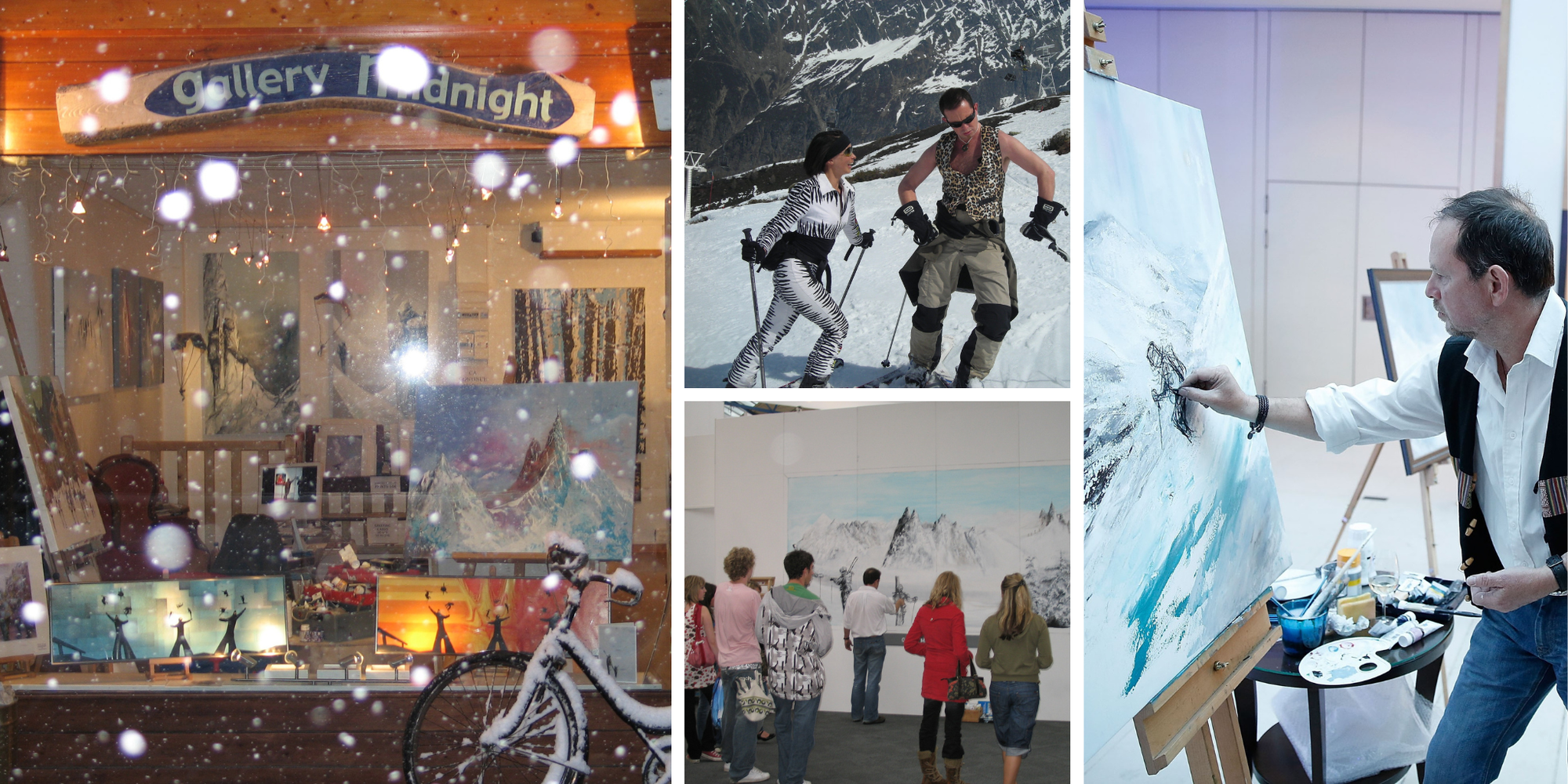 Collage of Gallery Midnight's snowy shop window, costumed skiers, gallery visitors and the artist painting an alpine scene.