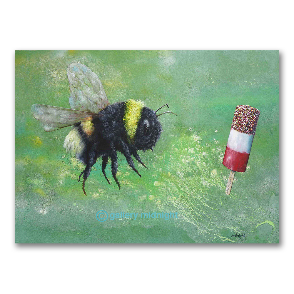 A giant realistic bee over an abstract patterned summer field of flowers, from Fab Bee, a painting by Johny Midnight