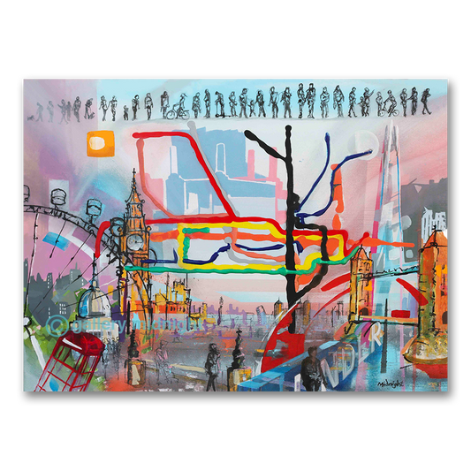 Bright tube map lines over Big Ben, St Paul's, the London Eye, the Shard and Tower Bridge, sketched Londoners walking above