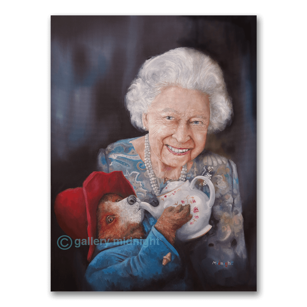 Queen Elizabeth II sharing tea with Paddington Bear, from Thank You for Everything, a painting by Johny Midnight