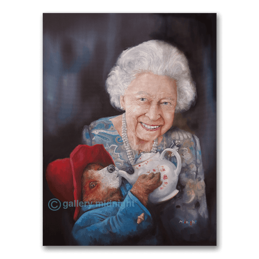 Queen Elizabeth II sharing tea with Paddington Bear, from Thank You for Everything, a painting by Johny Midnight