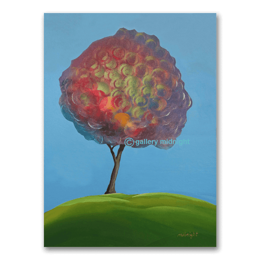 A whimsical tree with bubble-like raspberry-coloured foliage on a green hill, from Raspberry Tree, a painting by Johny Midnight