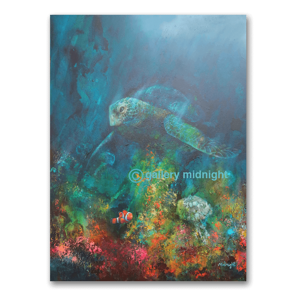 A sea turtle glides over a colourful coral reef with a clownfish below, from Cruising at 15 Fathoms, a painting by Johny Midnight