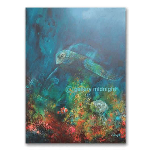 A sea turtle glides over a colourful coral reef with a clownfish below, from Cruising at 15 Fathoms, a painting by Johny Midnight