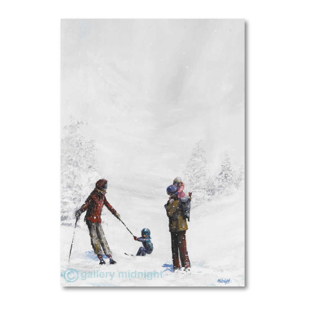 Painting of a mother helping a young boy on skis while a father carries a small girl on his shoulders in falling snow, with misty grey mountains and fir trees behind them.