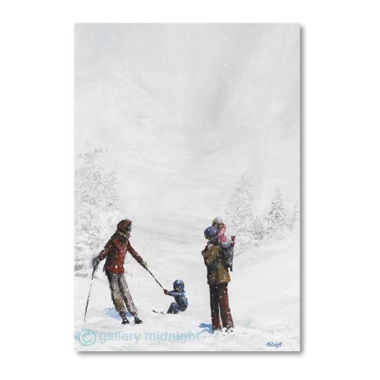 Painting of a mother helping a young boy on skis while a father carries a small girl on his shoulders in falling snow, with misty grey mountains and fir trees behind them.