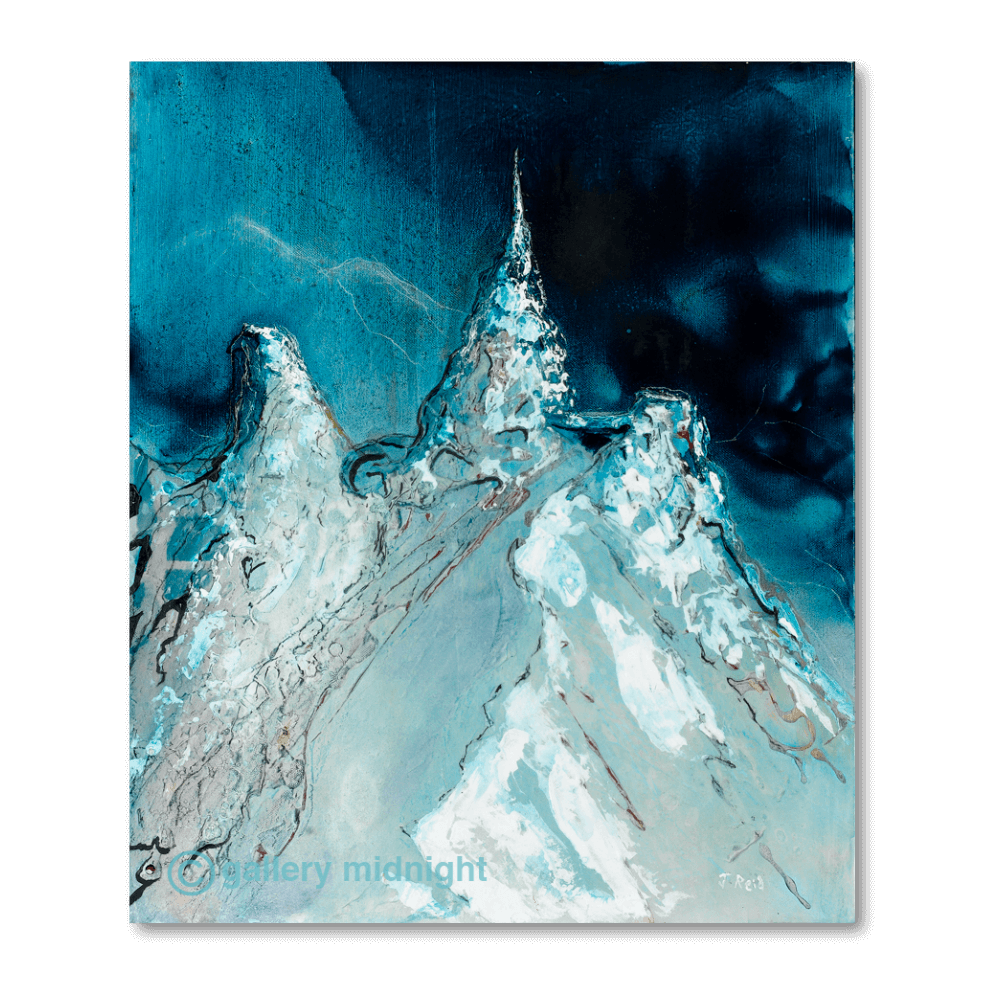 Abstract painting of the Aiguille du Midi by Johny Midnight in Prussian blue and turquoise with a split sky and ice floe textures created with oil and acrylic.