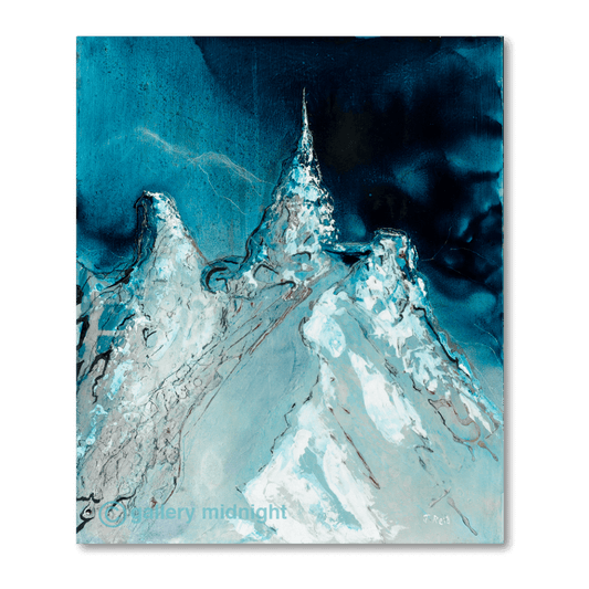 Abstract painting of the Aiguille du Midi by Johny Midnight in Prussian blue and turquoise with a split sky and ice floe textures created with oil and acrylic.