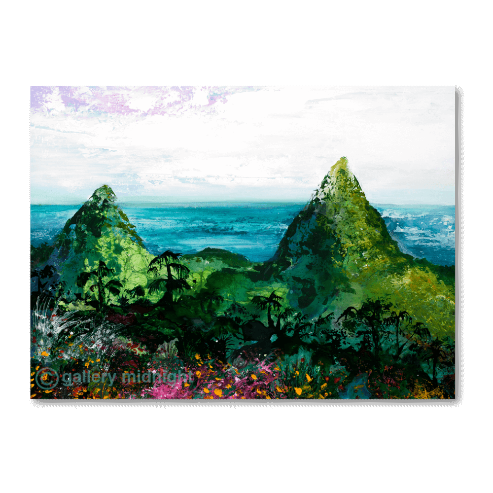 Caribbean landscape painting of the Pitons of St Lucia by Johny Midnight, showing the two volcanic peaks surrounded by colourful tropical flora and lush green vegetation.