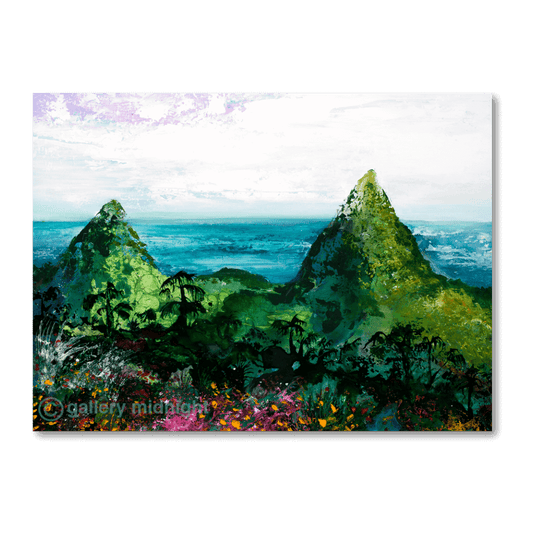 Caribbean landscape painting of the Pitons of St Lucia by Johny Midnight, showing the two volcanic peaks surrounded by colourful tropical flora and lush green vegetation.