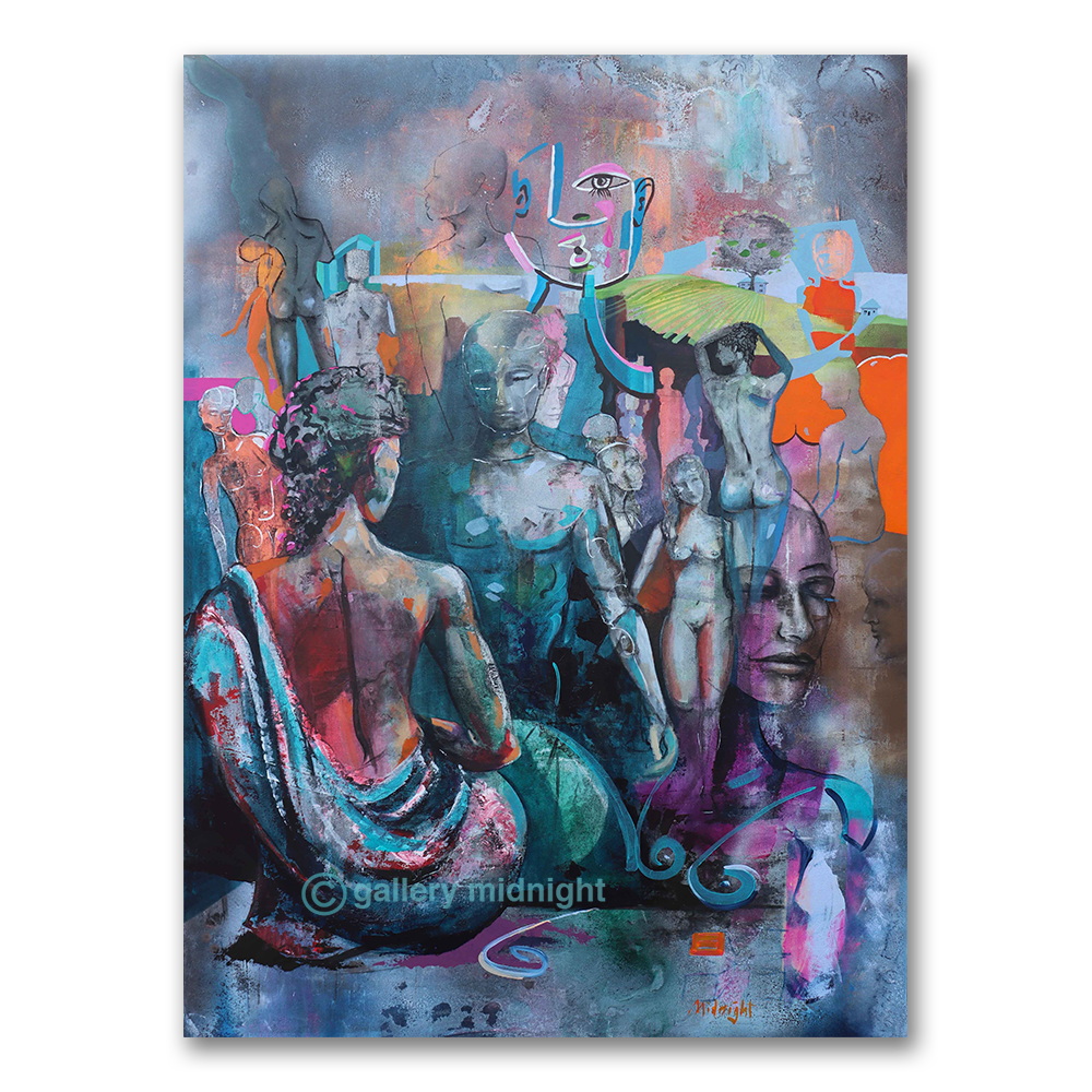 Abstract canvas showing the human figure in many styles at once, from a cubist head to a Romanesque nude, by Johny Midnight.