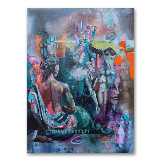 Abstract canvas showing the human figure in many styles at once, from a cubist head to a Romanesque nude, by Johny Midnight.