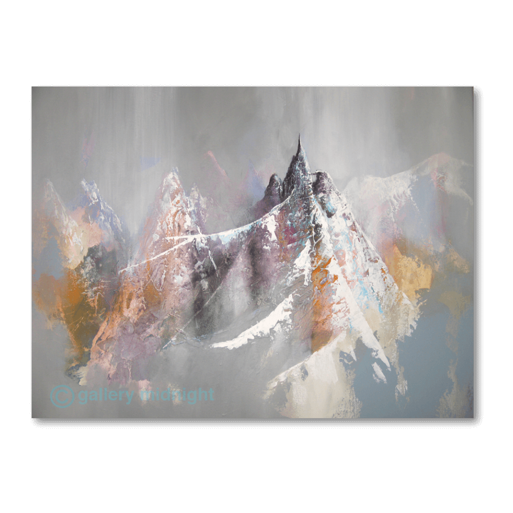 Abstract mountain landscape with colorful peaks and a gray background